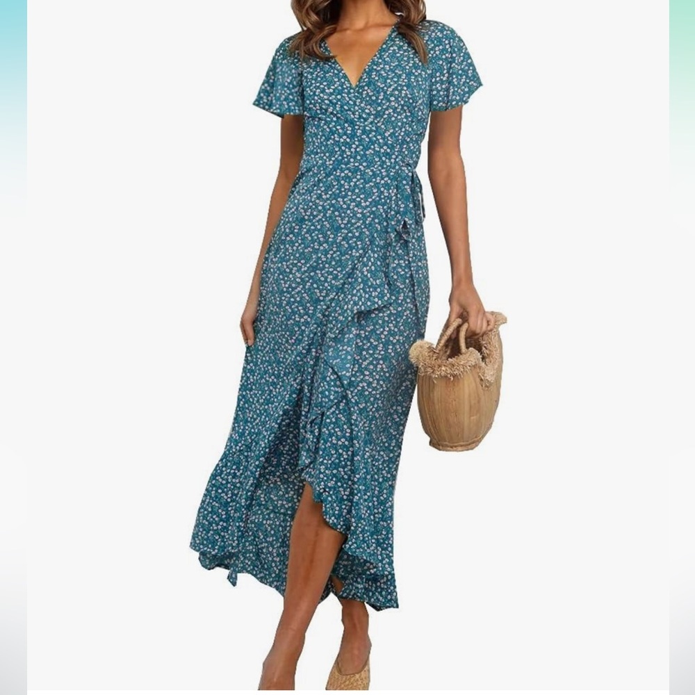 Boho Floral Printed V Neck Wrap Dresses Short Sleeve Casual Maxi Long Dress